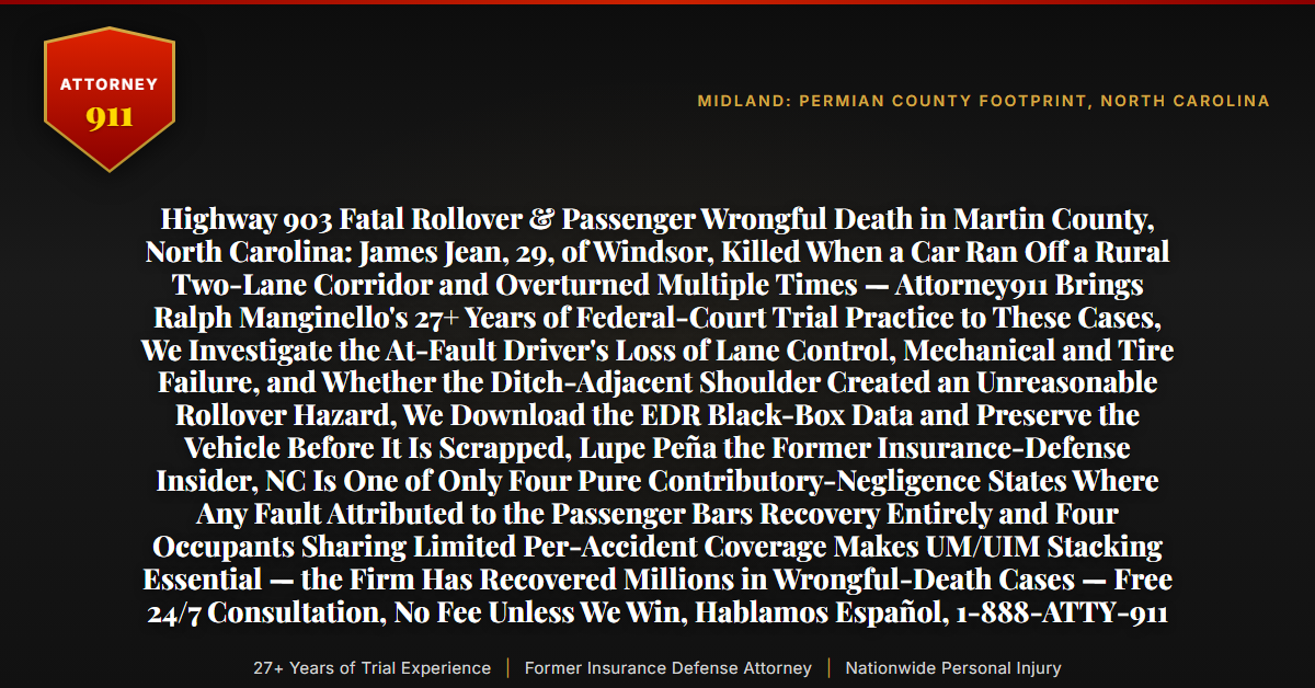 Highway 903 Fatal Rollover & Passenger Wrongful Death in Martin County, North Carolina: James Jean, 29, of Windsor, Killed When a Car Ran Off a Rural Two-Lane Corridor and Overturned Multiple Times — Attorney911 Brings Ralph Manginello's 27+ Years of Federal-Court Trial Practice to These Cases, We Investigate the At-Fault Driver's Loss of Lane Control, Mechanical and Tire Failure, and Whether the Ditch-Adjacent Shoulder Created an Unreasonable Rollover Hazard, We Download the EDR Black-Box Data and Preserve the Vehicle Before It Is Scrapped, Lupe Peña the Former Insurance-Defense Insider, NC Is One of Only Four Pure Contributory-Negligence States Where Any Fault Attributed to the Passenger Bars Recovery Entirely and Four Occupants Sharing Limited Per-Accident Coverage Makes UM/UIM Stacking Essential — the Firm Has Recovered Millions in Wrongful-Death Cases — Free 24/7 Consultation, No Fee Unless We Win, Hablamos Español, 1-888-ATTY-911 - Attorney911