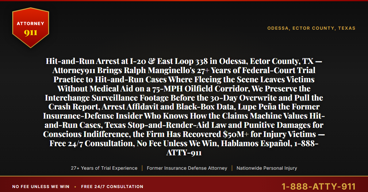 Hit-and-Run Arrest at I-20 & East Loop 338 in Odessa, Ector County, TX — Attorney911 Brings Ralph Manginello's 27+ Years of Federal-Court Trial Practice to Hit-and-Run Cases Where Fleeing the Scene Leaves Victims Without Medical Aid on a 75-MPH Oilfield Corridor, We Preserve the Interchange Surveillance Footage Before the 30-Day Overwrite and Pull the Crash Report, Arrest Affidavit and Black-Box Data, Lupe Peña the Former Insurance-Defense Insider Who Knows How the Claims Machine Values Hit-and-Run Cases, Texas Stop-and-Render-Aid Law and Punitive Damages for Conscious Indifference, the Firm Has Recovered $50M+ for Injury Victims — Free 24/7 Consultation, No Fee Unless We Win, Hablamos Español, 1-888-ATTY-911 - Attorney911