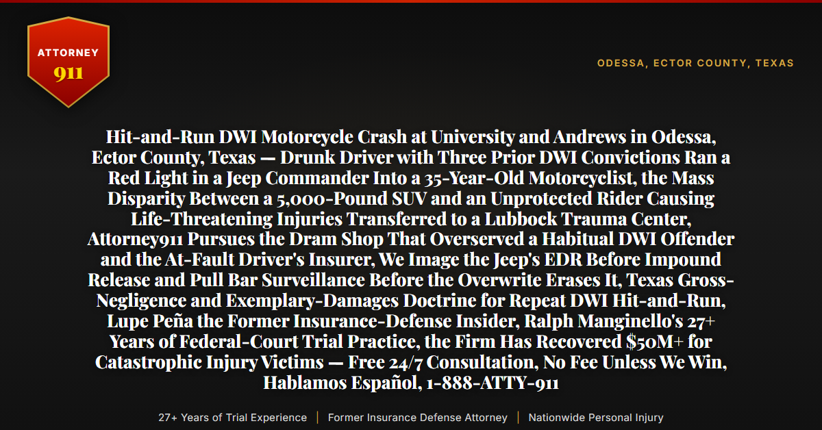 Hit-and-Run DWI Motorcycle Crash at University and Andrews in Odessa, Ector County, Texas — Drunk Driver with Three Prior DWI Convictions Ran a Red Light in a Jeep Commander Into a 35-Year-Old Motorcyclist, the Mass Disparity Between a 5,000-Pound SUV and an Unprotected Rider Causing Life-Threatening Injuries Transferred to a Lubbock Trauma Center, Attorney911 Pursues the Dram Shop That Overserved a Habitual DWI Offender and the At-Fault Driver's Insurer, We Image the Jeep's EDR Before Impound Release and Pull Bar Surveillance Before the Overwrite Erases It, Texas Gross-Negligence and Exemplary-Damages Doctrine for Repeat DWI Hit-and-Run, Lupe Peña the Former Insurance-Defense Insider, Ralph Manginello's 27+ Years of Federal-Court Trial Practice, the Firm Has Recovered $50M+ for Catastrophic Injury Victims — Free 24/7 Consultation, No Fee Unless We Win, Hablamos Español, 1-888-ATTY-911 - Attorney911