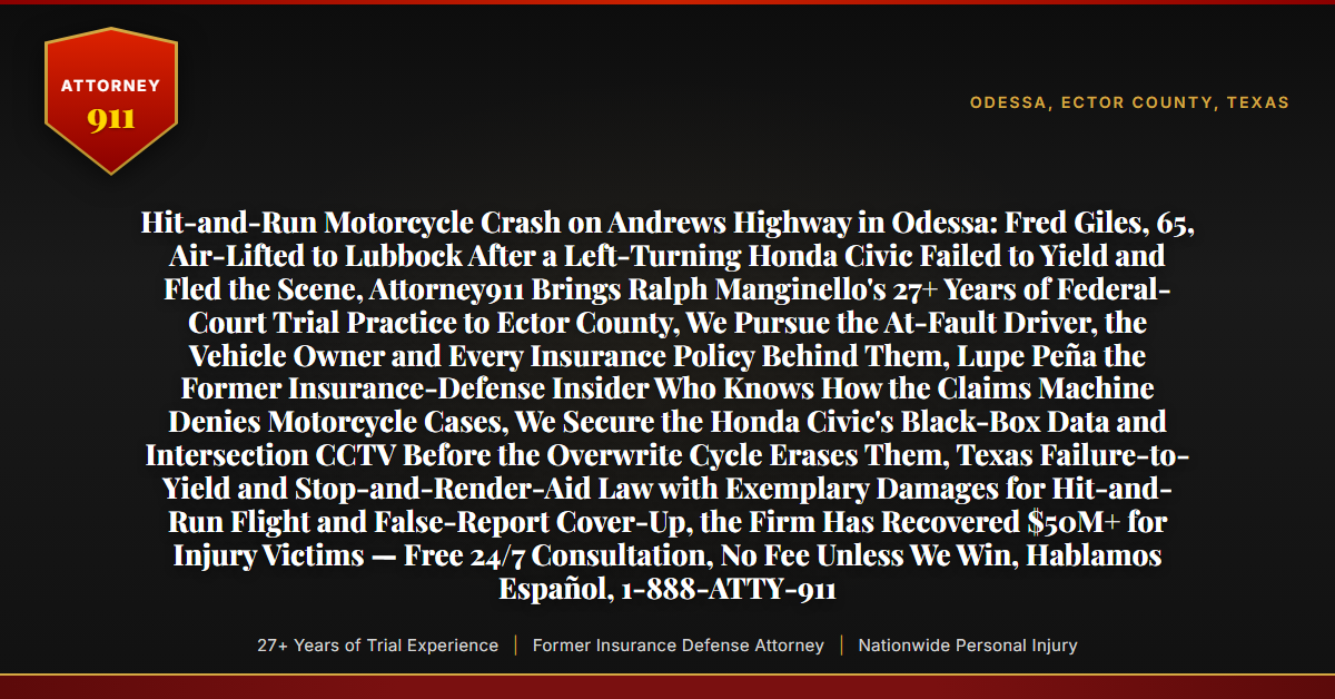 Hit-and-Run Motorcycle Crash on Andrews Highway in Odessa: Fred Giles, 65, Air-Lifted to Lubbock After a Left-Turning Honda Civic Failed to Yield and Fled the Scene, Attorney911 Brings Ralph Manginello's 27+ Years of Federal-Court Trial Practice to Ector County, We Pursue the At-Fault Driver, the Vehicle Owner and Every Insurance Policy Behind Them, Lupe Peña the Former Insurance-Defense Insider Who Knows How the Claims Machine Denies Motorcycle Cases, We Secure the Honda Civic's Black-Box Data and Intersection CCTV Before the Overwrite Cycle Erases Them, Texas Failure-to-Yield and Stop-and-Render-Aid Law with Exemplary Damages for Hit-and-Run Flight and False-Report Cover-Up, the Firm Has Recovered $50M+ for Injury Victims — Free 24/7 Consultation, No Fee Unless We Win, Hablamos Español, 1-888-ATTY-911 - Attorney911
