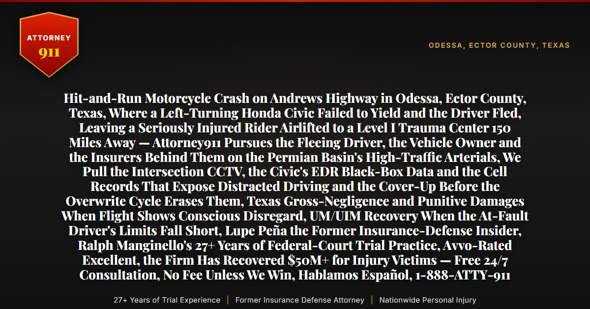 Hit-and-Run Motorcycle Crash on Andrews Highway in Odessa, Ector County, Texas, Where a Left-Turning Honda Civic Failed to Yield and the Driver Fled, Leaving a Seriously Injured Rider Airlifted to a Level I Trauma Center 150 Miles Away — Attorney911 Pursues the Fleeing Driver, the Vehicle Owner and the Insurers Behind Them on the Permian Basin's High-Traffic Arterials, We Pull the Intersection CCTV, the Civic's EDR Black-Box Data and the Cell Records That Expose Distracted Driving and the Cover-Up Before the Overwrite Cycle Erases Them, Texas Gross-Negligence and Punitive Damages When Flight Shows Conscious Disregard, UM/UIM Recovery When the At-Fault Driver's Limits Fall Short, Lupe Peña the Former Insurance-Defense Insider, Ralph Manginello's 27+ Years of Federal-Court Trial Practice, Avvo-Rated Excellent, the Firm Has Recovered $50M+ for Injury Victims — Free 24/7 Consultation, No Fee Unless We Win, Hablamos Español, 1-888-ATTY-911 - Attorney911