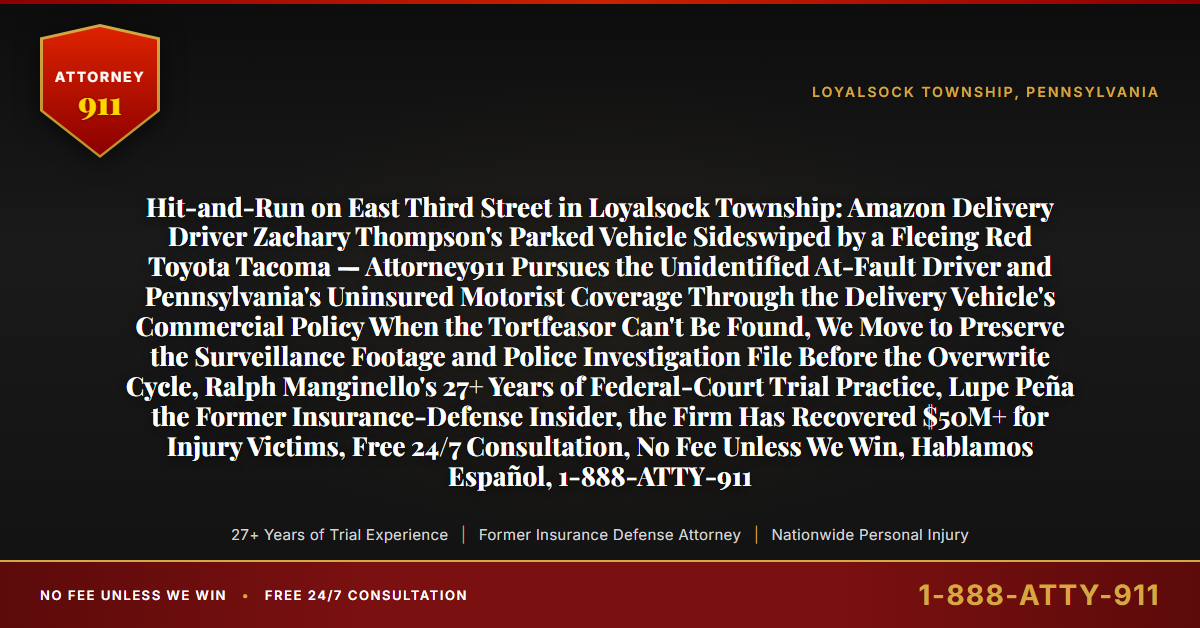 Hit-and-Run on East Third Street in Loyalsock Township: Amazon Delivery Driver Zachary Thompson's Parked Vehicle Sideswiped by a Fleeing Red Toyota Tacoma — Attorney911 Pursues the Unidentified At-Fault Driver and Pennsylvania's Uninsured Motorist Coverage Through the Delivery Vehicle's Commercial Policy When the Tortfeasor Can't Be Found, We Move to Preserve the Surveillance Footage and Police Investigation File Before the Overwrite Cycle, Ralph Manginello's 27+ Years of Federal-Court Trial Practice, Lupe Peña the Former Insurance-Defense Insider, the Firm Has Recovered $50M+ for Injury Victims, Free 24/7 Consultation, No Fee Unless We Win, Hablamos Español, 1-888-ATTY-911 - Attorney911