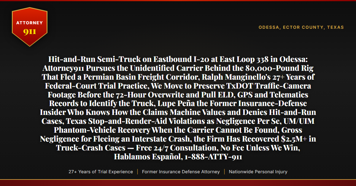 Hit-and-Run Semi-Truck on Eastbound I-20 at East Loop 338 in Odessa: Attorney911 Pursues the Unidentified Carrier Behind the 80,000-Pound Rig That Fled a Permian Basin Freight Corridor, Ralph Manginello's 27+ Years of Federal-Court Trial Practice, We Move to Preserve TxDOT Traffic-Camera Footage Before the 72-Hour Overwrite and Pull ELD, GPS and Telematics Records to Identify the Truck, Lupe Peña the Former Insurance-Defense Insider Who Knows How the Claims Machine Values and Denies Hit-and-Run Cases, Texas Stop-and-Render-Aid Violations as Negligence Per Se, UM/UIM Phantom-Vehicle Recovery When the Carrier Cannot Be Found, Gross Negligence for Fleeing an Interstate Crash, the Firm Has Recovered $2.5M+ in Truck-Crash Cases — Free 24/7 Consultation, No Fee Unless We Win, Hablamos Español, 1-888-ATTY-911 - Attorney911