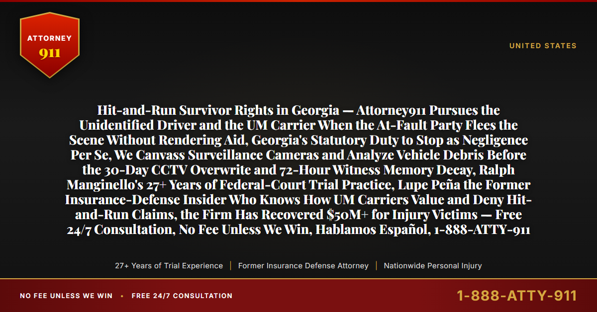 Hit-and-Run Survivor Rights in Georgia — Attorney911 Pursues the Unidentified Driver and the UM Carrier When the At-Fault Party Flees the Scene Without Rendering Aid, Georgia's Statutory Duty to Stop as Negligence Per Se, We Canvass Surveillance Cameras and Analyze Vehicle Debris Before the 30-Day CCTV Overwrite and 72-Hour Witness Memory Decay, Ralph Manginello's 27+ Years of Federal-Court Trial Practice, Lupe Peña the Former Insurance-Defense Insider Who Knows How UM Carriers Value and Deny Hit-and-Run Claims, the Firm Has Recovered $50M+ for Injury Victims — Free 24/7 Consultation, No Fee Unless We Win, Hablamos Español, 1-888-ATTY-911 - Attorney911