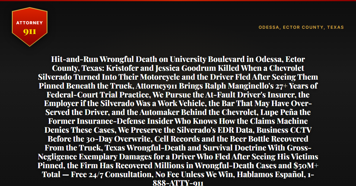 Hit-and-Run Wrongful Death on University Boulevard in Odessa, Ector County, Texas: Kristofer and Jessica Goodrum Killed When a Chevrolet Silverado Turned Into Their Motorcycle and the Driver Fled After Seeing Them Pinned Beneath the Truck, Attorney911 Brings Ralph Manginello's 27+ Years of Federal-Court Trial Practice, We Pursue the At-Fault Driver's Insurer, the Employer if the Silverado Was a Work Vehicle, the Bar That May Have Over-Served the Driver, and the Automaker Behind the Chevrolet, Lupe Peña the Former Insurance-Defense Insider Who Knows How the Claims Machine Denies These Cases, We Preserve the Silverado's EDR Data, Business CCTV Before the 30-Day Overwrite, Cell Records and the Beer Bottle Recovered From the Truck, Texas Wrongful-Death and Survival Doctrine With Gross-Negligence Exemplary Damages for a Driver Who Fled After Seeing His Victims Pinned, the Firm Has Recovered Millions in Wrongful-Death Cases and $50M+ Total — Free 24/7 Consultation, No Fee Unless We Win, Hablamos Español, 1-888-ATTY-911 - Attorney911