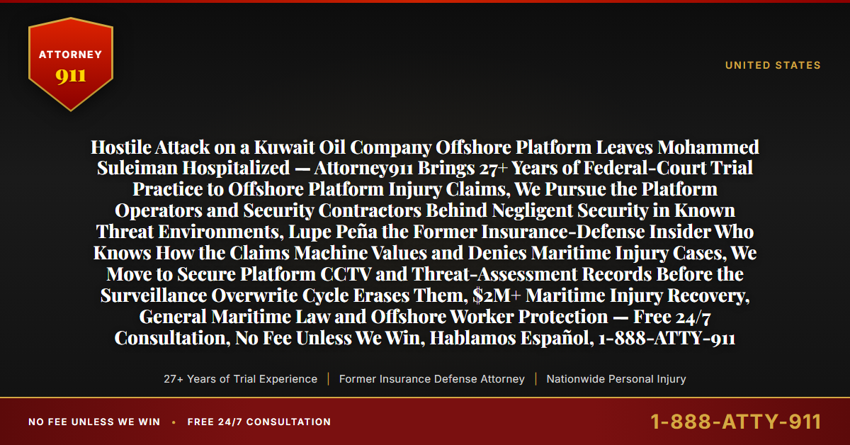Hostile Attack on a Kuwait Oil Company Offshore Platform Leaves Mohammed Suleiman Hospitalized — Attorney911 Brings 27+ Years of Federal-Court Trial Practice to Offshore Platform Injury Claims, We Pursue the Platform Operators and Security Contractors Behind Negligent Security in Known Threat Environments, Lupe Peña the Former Insurance-Defense Insider Who Knows How the Claims Machine Values and Denies Maritime Injury Cases, We Move to Secure Platform CCTV and Threat-Assessment Records Before the Surveillance Overwrite Cycle Erases Them, $2M+ Maritime Injury Recovery, General Maritime Law and Offshore Worker Protection — Free 24/7 Consultation, No Fee Unless We Win, Hablamos Español, 1-888-ATTY-911 - Attorney911
