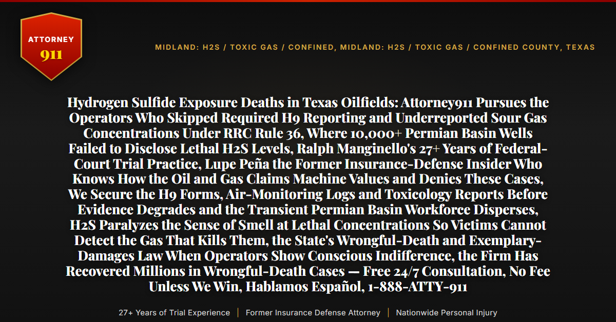Hydrogen Sulfide Exposure Deaths in Texas Oilfields: Attorney911 Pursues the Operators Who Skipped Required H9 Reporting and Underreported Sour Gas Concentrations Under RRC Rule 36, Where 10,000+ Permian Basin Wells Failed to Disclose Lethal H2S Levels, Ralph Manginello's 27+ Years of Federal-Court Trial Practice, Lupe Peña the Former Insurance-Defense Insider Who Knows How the Oil and Gas Claims Machine Values and Denies These Cases, We Secure the H9 Forms, Air-Monitoring Logs and Toxicology Reports Before Evidence Degrades and the Transient Permian Basin Workforce Disperses, H2S Paralyzes the Sense of Smell at Lethal Concentrations So Victims Cannot Detect the Gas That Kills Them, the State's Wrongful-Death and Exemplary-Damages Law When Operators Show Conscious Indifference, the Firm Has Recovered Millions in Wrongful-Death Cases — Free 24/7 Consultation, No Fee Unless We Win, Hablamos Español, 1-888-ATTY-911 - Attorney911