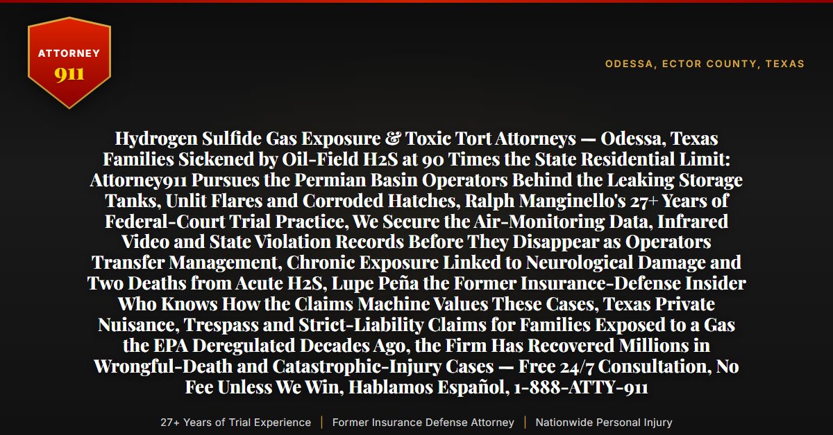 Hydrogen Sulfide Gas Exposure & Toxic Tort Attorneys — Odessa, Texas Families Sickened by Oil-Field H2S at 90 Times the State Residential Limit: Attorney911 Pursues the Permian Basin Operators Behind the Leaking Storage Tanks, Unlit Flares and Corroded Hatches, Ralph Manginello's 27+ Years of Federal-Court Trial Practice, We Secure the Air-Monitoring Data, Infrared Video and State Violation Records Before They Disappear as Operators Transfer Management, Chronic Exposure Linked to Neurological Damage and Two Deaths from Acute H2S, Lupe Peña the Former Insurance-Defense Insider Who Knows How the Claims Machine Values These Cases, Texas Private Nuisance, Trespass and Strict-Liability Claims for Families Exposed to a Gas the EPA Deregulated Decades Ago, the Firm Has Recovered Millions in Wrongful-Death and Catastrophic-Injury Cases — Free 24/7 Consultation, No Fee Unless We Win, Hablamos Español, 1-888-ATTY-911 - Attorney911
