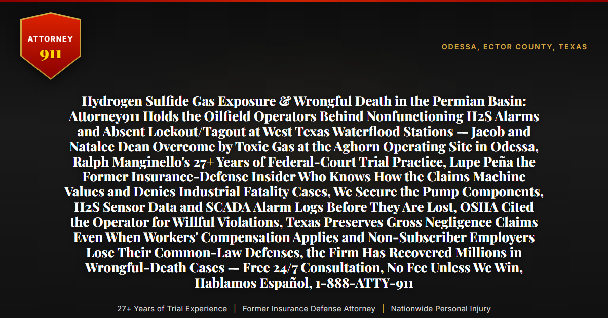 Hydrogen Sulfide Gas Exposure & Wrongful Death in the Permian Basin: Attorney911 Holds the Oilfield Operators Behind Nonfunctioning H2S Alarms and Absent Lockout/Tagout at West Texas Waterflood Stations — Jacob and Natalee Dean Overcome by Toxic Gas at the Aghorn Operating Site in Odessa, Ralph Manginello's 27+ Years of Federal-Court Trial Practice, Lupe Peña the Former Insurance-Defense Insider Who Knows How the Claims Machine Values and Denies Industrial Fatality Cases, We Secure the Pump Components, H2S Sensor Data and SCADA Alarm Logs Before They Are Lost, OSHA Cited the Operator for Willful Violations, Texas Preserves Gross Negligence Claims Even When Workers' Compensation Applies and Non-Subscriber Employers Lose Their Common-Law Defenses, the Firm Has Recovered Millions in Wrongful-Death Cases — Free 24/7 Consultation, No Fee Unless We Win, Hablamos Español, 1-888-ATTY-911 - Attorney911