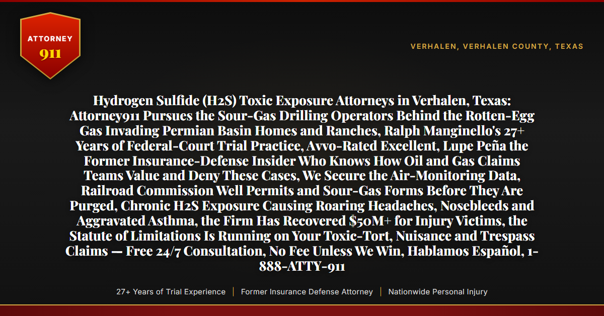 Hydrogen Sulfide (H2S) Toxic Exposure Attorneys in Verhalen, Texas: Attorney911 Pursues the Sour-Gas Drilling Operators Behind the Rotten-Egg Gas Invading Permian Basin Homes and Ranches, Ralph Manginello's 27+ Years of Federal-Court Trial Practice, Avvo-Rated Excellent, Lupe Peña the Former Insurance-Defense Insider Who Knows How Oil and Gas Claims Teams Value and Deny These Cases, We Secure the Air-Monitoring Data, Railroad Commission Well Permits and Sour-Gas Forms Before They Are Purged, Chronic H2S Exposure Causing Roaring Headaches, Nosebleeds and Aggravated Asthma, the Firm Has Recovered $50M+ for Injury Victims, the Statute of Limitations Is Running on Your Toxic-Tort, Nuisance and Trespass Claims — Free 24/7 Consultation, No Fee Unless We Win, Hablamos Español, 1-888-ATTY-911 - Attorney911