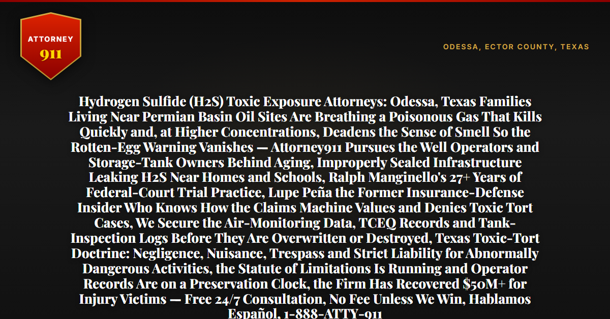 Hydrogen Sulfide (H2S) Toxic Exposure Attorneys: Odessa, Texas Families Living Near Permian Basin Oil Sites Are Breathing a Poisonous Gas That Kills Quickly and, at Higher Concentrations, Deadens the Sense of Smell So the Rotten-Egg Warning Vanishes — Attorney911 Pursues the Well Operators and Storage-Tank Owners Behind Aging, Improperly Sealed Infrastructure Leaking H2S Near Homes and Schools, Ralph Manginello's 27+ Years of Federal-Court Trial Practice, Lupe Peña the Former Insurance-Defense Insider Who Knows How the Claims Machine Values and Denies Toxic Tort Cases, We Secure the Air-Monitoring Data, TCEQ Records and Tank-Inspection Logs Before They Are Overwritten or Destroyed, Texas Toxic-Tort Doctrine: Negligence, Nuisance, Trespass and Strict Liability for Abnormally Dangerous Activities, the Statute of Limitations Is Running and Operator Records Are on a Preservation Clock, the Firm Has Recovered $50M+ for Injury Victims — Free 24/7 Consultation, No Fee Unless We Win, Hablamos Español, 1-888-ATTY-911 - Attorney911
