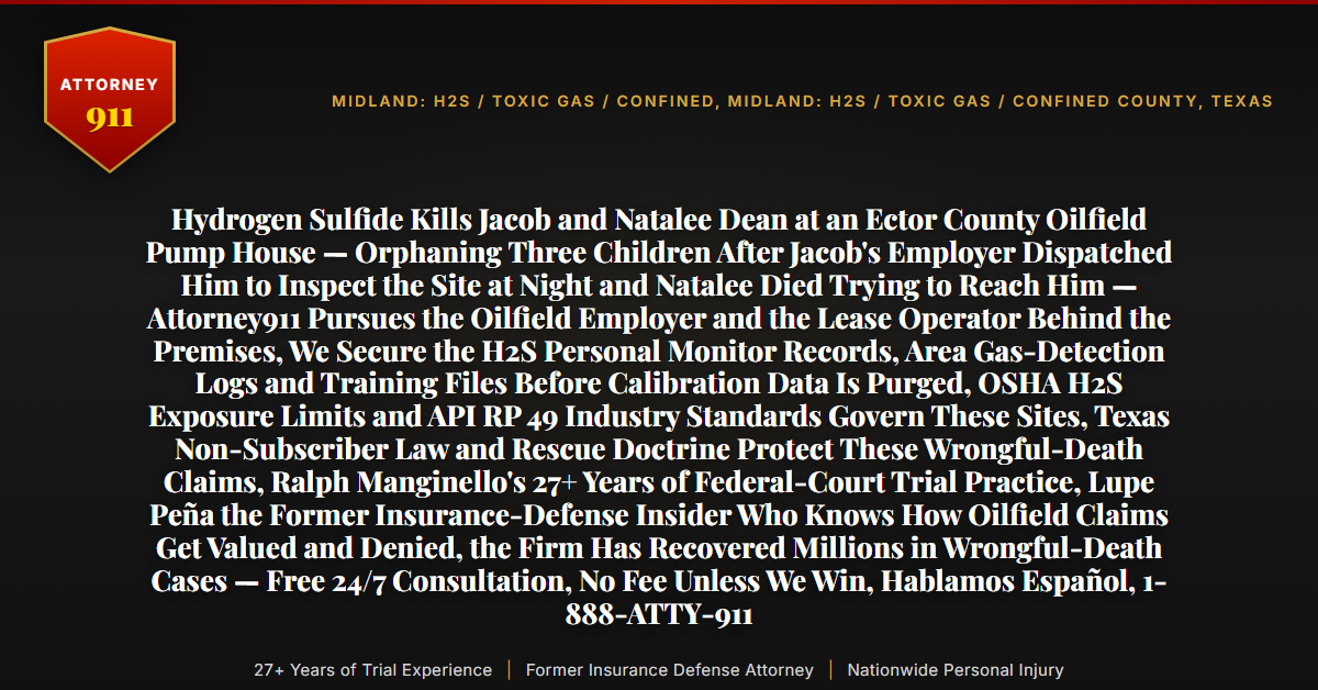 Hydrogen Sulfide Kills Jacob and Natalee Dean at an Ector County Oilfield Pump House — Orphaning Three Children After Jacob's Employer Dispatched Him to Inspect the Site at Night and Natalee Died Trying to Reach Him — Attorney911 Pursues the Oilfield Employer and the Lease Operator Behind the Premises, We Secure the H2S Personal Monitor Records, Area Gas-Detection Logs and Training Files Before Calibration Data Is Purged, OSHA H2S Exposure Limits and API RP 49 Industry Standards Govern These Sites, Texas Non-Subscriber Law and Rescue Doctrine Protect These Wrongful-Death Claims, Ralph Manginello's 27+ Years of Federal-Court Trial Practice, Lupe Peña the Former Insurance-Defense Insider Who Knows How Oilfield Claims Get Valued and Denied, the Firm Has Recovered Millions in Wrongful-Death Cases — Free 24/7 Consultation, No Fee Unless We Win, Hablamos Español, 1-888-ATTY-911 - Attorney911