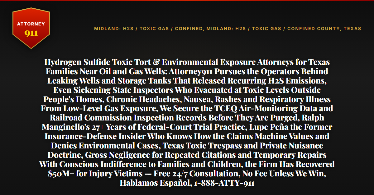 Hydrogen Sulfide Toxic Tort & Environmental Exposure Attorneys for Texas Families Near Oil and Gas Wells: Attorney911 Pursues the Operators Behind Leaking Wells and Storage Tanks That Released Recurring H2S Emissions, Even Sickening State Inspectors Who Evacuated at Toxic Levels Outside People's Homes, Chronic Headaches, Nausea, Rashes and Respiratory Illness From Low-Level Gas Exposure, We Secure the TCEQ Air-Monitoring Data and Railroad Commission Inspection Records Before They Are Purged, Ralph Manginello's 27+ Years of Federal-Court Trial Practice, Lupe Peña the Former Insurance-Defense Insider Who Knows How the Claims Machine Values and Denies Environmental Cases, Texas Toxic Trespass and Private Nuisance Doctrine, Gross Negligence for Repeated Citations and Temporary Repairs With Conscious Indifference to Families and Children, the Firm Has Recovered $50M+ for Injury Victims — Free 24/7 Consultation, No Fee Unless We Win, Hablamos Español, 1-888-ATTY-911 - Attorney911