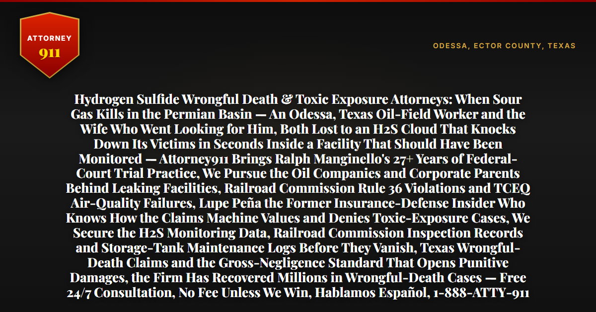 Hydrogen Sulfide Wrongful Death & Toxic Exposure Attorneys: When Sour Gas Kills in the Permian Basin — An Odessa, Texas Oil-Field Worker and the Wife Who Went Looking for Him, Both Lost to an H2S Cloud That Knocks Down Its Victims in Seconds Inside a Facility That Should Have Been Monitored — Attorney911 Brings Ralph Manginello's 27+ Years of Federal-Court Trial Practice, We Pursue the Oil Companies and Corporate Parents Behind Leaking Facilities, Railroad Commission Rule 36 Violations and TCEQ Air-Quality Failures, Lupe Peña the Former Insurance-Defense Insider Who Knows How the Claims Machine Values and Denies Toxic-Exposure Cases, We Secure the H2S Monitoring Data, Railroad Commission Inspection Records and Storage-Tank Maintenance Logs Before They Vanish, Texas Wrongful-Death Claims and the Gross-Negligence Standard That Opens Punitive Damages, the Firm Has Recovered Millions in Wrongful-Death Cases — Free 24/7 Consultation, No Fee Unless We Win, Hablamos Español, 1-888-ATTY-911 - Attorney911