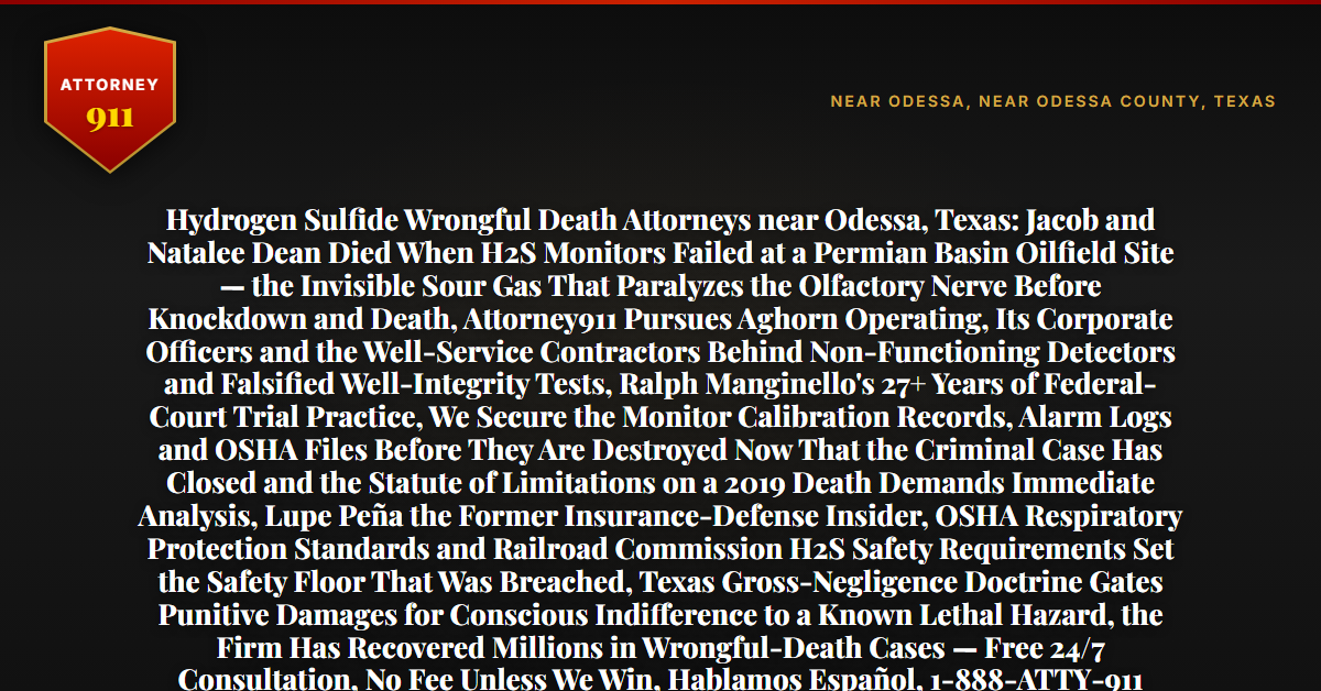 Hydrogen Sulfide Wrongful Death Attorneys near Odessa, Texas: Jacob and Natalee Dean Died When H2S Monitors Failed at a Permian Basin Oilfield Site — the Invisible Sour Gas That Paralyzes the Olfactory Nerve Before Knockdown and Death, Attorney911 Pursues Aghorn Operating, Its Corporate Officers and the Well-Service Contractors Behind Non-Functioning Detectors and Falsified Well-Integrity Tests, Ralph Manginello's 27+ Years of Federal-Court Trial Practice, We Secure the Monitor Calibration Records, Alarm Logs and OSHA Files Before They Are Destroyed Now That the Criminal Case Has Closed and the Statute of Limitations on a 2019 Death Demands Immediate Analysis, Lupe Peña the Former Insurance-Defense Insider, OSHA Respiratory Protection Standards and Railroad Commission H2S Safety Requirements Set the Safety Floor That Was Breached, Texas Gross-Negligence Doctrine Gates Punitive Damages for Conscious Indifference to a Known Lethal Hazard, the Firm Has Recovered Millions in Wrongful-Death Cases — Free 24/7 Consultation, No Fee Unless We Win, Hablamos Español, 1-888-ATTY-911 - Attorney911
