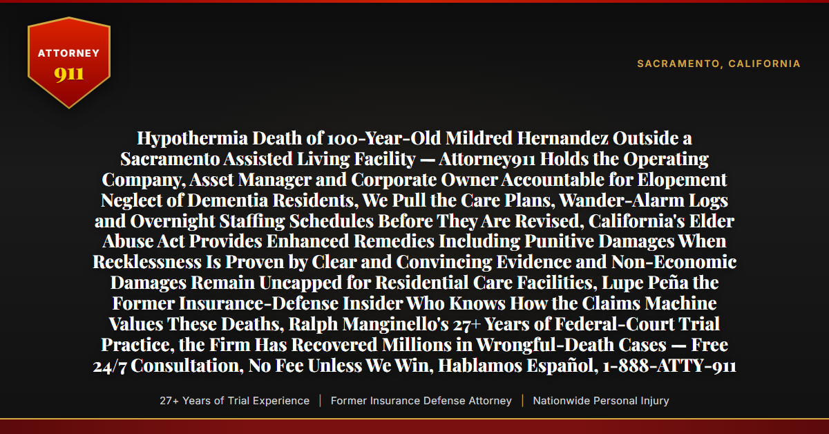 Hypothermia Death of 100-Year-Old Mildred Hernandez Outside a Sacramento Assisted Living Facility — Attorney911 Holds the Operating Company, Asset Manager and Corporate Owner Accountable for Elopement Neglect of Dementia Residents, We Pull the Care Plans, Wander-Alarm Logs and Overnight Staffing Schedules Before They Are Revised, California's Elder Abuse Act Provides Enhanced Remedies Including Punitive Damages When Recklessness Is Proven by Clear and Convincing Evidence and Non-Economic Damages Remain Uncapped for Residential Care Facilities, Lupe Peña the Former Insurance-Defense Insider Who Knows How the Claims Machine Values These Deaths, Ralph Manginello's 27+ Years of Federal-Court Trial Practice, the Firm Has Recovered Millions in Wrongful-Death Cases — Free 24/7 Consultation, No Fee Unless We Win, Hablamos Español, 1-888-ATTY-911 - Attorney911
