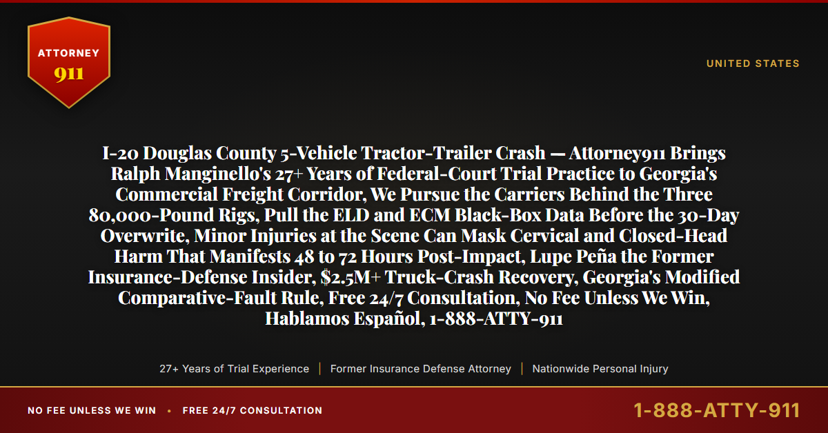 I-20 Douglas County 5-Vehicle Tractor-Trailer Crash — Attorney911 Brings Ralph Manginello's 27+ Years of Federal-Court Trial Practice to Georgia's Commercial Freight Corridor, We Pursue the Carriers Behind the Three 80,000-Pound Rigs, Pull the ELD and ECM Black-Box Data Before the 30-Day Overwrite, Minor Injuries at the Scene Can Mask Cervical and Closed-Head Harm That Manifests 48 to 72 Hours Post-Impact, Lupe Peña the Former Insurance-Defense Insider, $2.5M+ Truck-Crash Recovery, Georgia's Modified Comparative-Fault Rule, Free 24/7 Consultation, No Fee Unless We Win, Hablamos Español, 1-888-ATTY-911 - Attorney911