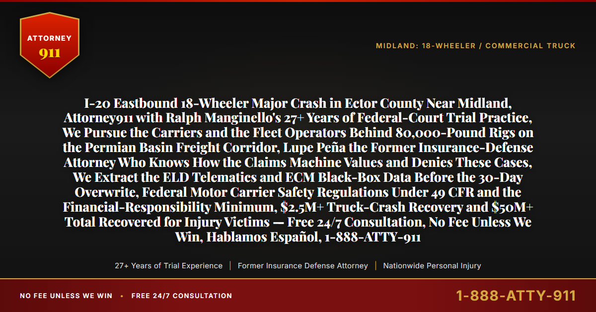 I-20 Eastbound 18-Wheeler Major Crash in Ector County Near Midland, Attorney911 with Ralph Manginello's 27+ Years of Federal-Court Trial Practice, We Pursue the Carriers and the Fleet Operators Behind 80,000-Pound Rigs on the Permian Basin Freight Corridor, Lupe Peña the Former Insurance-Defense Attorney Who Knows How the Claims Machine Values and Denies These Cases, We Extract the ELD Telematics and ECM Black-Box Data Before the 30-Day Overwrite, Federal Motor Carrier Safety Regulations Under 49 CFR and the Financial-Responsibility Minimum, $2.5M+ Truck-Crash Recovery and $50M+ Total Recovered for Injury Victims — Free 24/7 Consultation, No Fee Unless We Win, Hablamos Español, 1-888-ATTY-911 - Attorney911