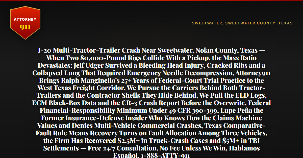 I-20 Multi-Tractor-Trailer Crash Near Sweetwater, Nolan County, Texas — When Two 80,000-Pound Rigs Collide With a Pickup, the Mass Ratio Devastates: Jeff Udger Survived a Bleeding Head Injury, Cracked Ribs and a Collapsed Lung That Required Emergency Needle Decompression, Attorney911 Brings Ralph Manginello's 27+ Years of Federal-Court Trial Practice to the West Texas Freight Corridor, We Pursue the Carriers Behind Both Tractor-Trailers and the Contractor Shells They Hide Behind, We Pull the ELD Logs, ECM Black-Box Data and the CR-3 Crash Report Before the Overwrite, Federal Financial-Responsibility Minimum Under 49 CFR 390-399, Lupe Peña the Former Insurance-Defense Insider Who Knows How the Claims Machine Values and Denies Multi-Vehicle Commercial Crashes, Texas Comparative-Fault Rule Means Recovery Turns on Fault Allocation Among Three Vehicles, the Firm Has Recovered $2.5M+ in Truck-Crash Cases and $5M+ in TBI Settlements — Free 24/7 Consultation, No Fee Unless We Win, Hablamos Español, 1-888-ATTY-911 - Attorney911