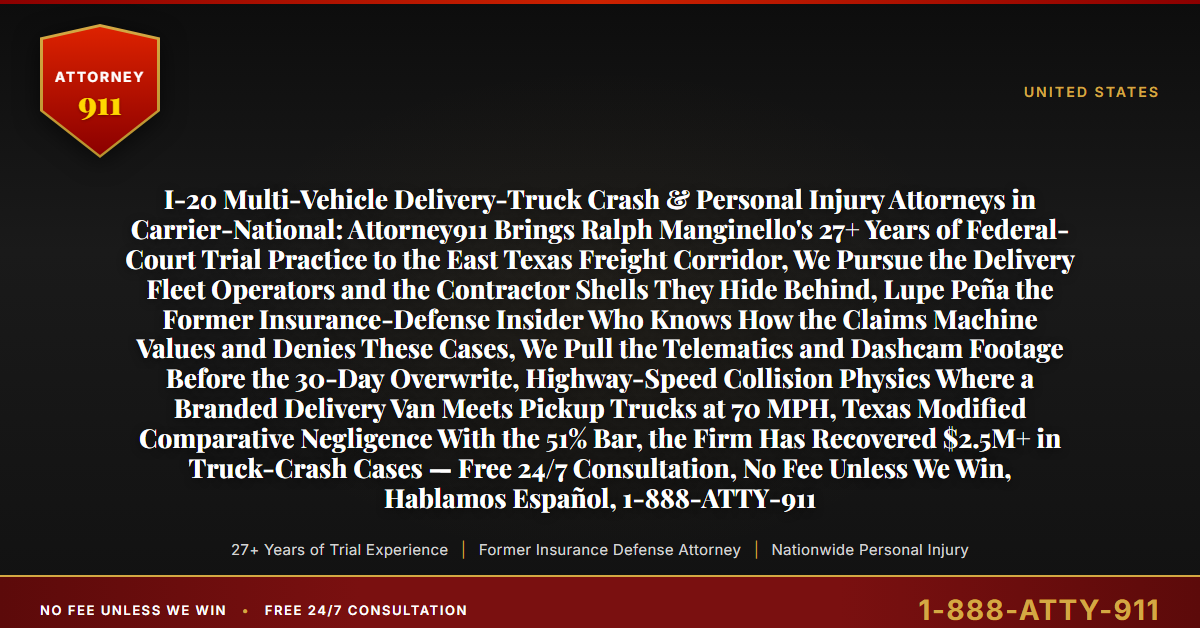 I-20 Multi-Vehicle Delivery-Truck Crash & Personal Injury Attorneys in Carrier-National: Attorney911 Brings Ralph Manginello's 27+ Years of Federal-Court Trial Practice to the East Texas Freight Corridor, We Pursue the Delivery Fleet Operators and the Contractor Shells They Hide Behind, Lupe Peña the Former Insurance-Defense Insider Who Knows How the Claims Machine Values and Denies These Cases, We Pull the Telematics and Dashcam Footage Before the 30-Day Overwrite, Highway-Speed Collision Physics Where a Branded Delivery Van Meets Pickup Trucks at 70 MPH, Texas Modified Comparative Negligence With the 51% Bar, the Firm Has Recovered $2.5M+ in Truck-Crash Cases — Free 24/7 Consultation, No Fee Unless We Win, Hablamos Español, 1-888-ATTY-911 - Attorney911