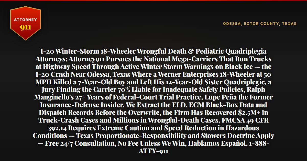 I-20 Winter-Storm 18-Wheeler Wrongful Death & Pediatric Quadriplegia Attorneys: Attorney911 Pursues the National Mega-Carriers That Run Trucks at Highway Speed Through Active Winter Storm Warnings on Black Ice — the I-20 Crash Near Odessa, Texas Where a Werner Enterprises 18-Wheeler at 50 MPH Killed a 7-Year-Old Boy and Left His 12-Year-Old Sister Quadriplegic, a Jury Finding the Carrier 70% Liable for Inadequate Safety Policies, Ralph Manginello's 27+ Years of Federal-Court Trial Practice, Lupe Peña the Former Insurance-Defense Insider, We Extract the ELD, ECM Black-Box Data and Dispatch Records Before the Overwrite, the Firm Has Recovered $2.5M+ in Truck-Crash Cases and Millions in Wrongful-Death Cases, FMCSA 49 CFR 392.14 Requires Extreme Caution and Speed Reduction in Hazardous Conditions — Texas Proportionate-Responsibility and Stowers Doctrine Apply — Free 24/7 Consultation, No Fee Unless We Win, Hablamos Español, 1-888-ATTY-911 - Attorney911