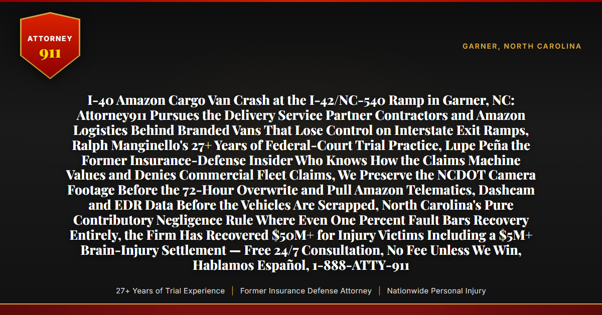 I-40 Amazon Cargo Van Crash at the I-42/NC-540 Ramp in Garner, NC: Attorney911 Pursues the Delivery Service Partner Contractors and Amazon Logistics Behind Branded Vans That Lose Control on Interstate Exit Ramps, Ralph Manginello's 27+ Years of Federal-Court Trial Practice, Lupe Peña the Former Insurance-Defense Insider Who Knows How the Claims Machine Values and Denies Commercial Fleet Claims, We Preserve the NCDOT Camera Footage Before the 72-Hour Overwrite and Pull Amazon Telematics, Dashcam and EDR Data Before the Vehicles Are Scrapped, North Carolina's Pure Contributory Negligence Rule Where Even One Percent Fault Bars Recovery Entirely, the Firm Has Recovered $50M+ for Injury Victims Including a $5M+ Brain-Injury Settlement — Free 24/7 Consultation, No Fee Unless We Win, Hablamos Español, 1-888-ATTY-911 - Attorney911