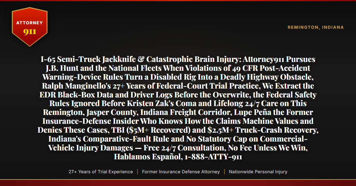 I-65 Semi-Truck Jackknife & Catastrophic Brain Injury: Attorney911 Pursues J.B. Hunt and the National Fleets When Violations of 49 CFR Post-Accident Warning-Device Rules Turn a Disabled Rig Into a Deadly Highway Obstacle, Ralph Manginello's 27+ Years of Federal-Court Trial Practice, We Extract the EDR Black-Box Data and Driver Logs Before the Overwrite, the Federal Safety Rules Ignored Before Kristen Zak's Coma and Lifelong 24/7 Care on This Remington, Jasper County, Indiana Freight Corridor, Lupe Peña the Former Insurance-Defense Insider Who Knows How the Claims Machine Values and Denies These Cases, TBI ($5M+ Recovered) and $2.5M+ Truck-Crash Recovery, Indiana's Comparative-Fault Rule and No Statutory Cap on Commercial-Vehicle Injury Damages — Free 24/7 Consultation, No Fee Unless We Win, Hablamos Español, 1-888-ATTY-911 - Attorney911