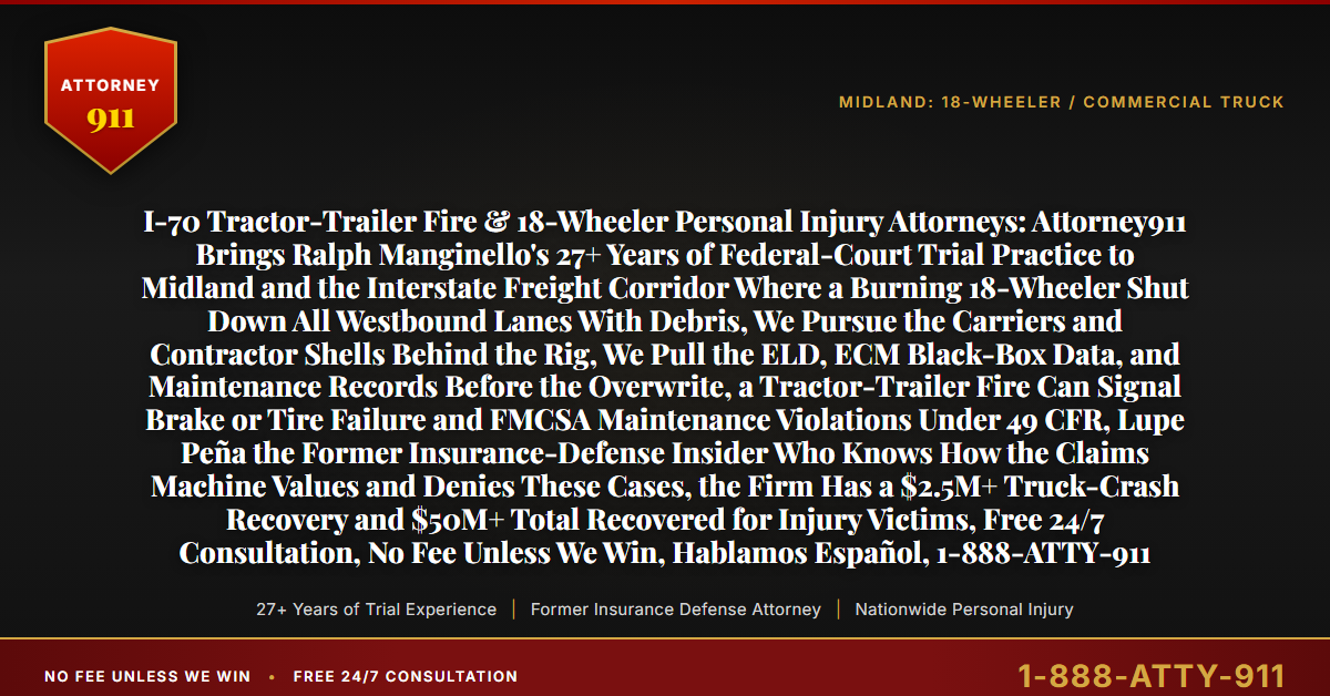 I-70 Tractor-Trailer Fire & 18-Wheeler Personal Injury Attorneys: Attorney911 Brings Ralph Manginello's 27+ Years of Federal-Court Trial Practice to Midland and the Interstate Freight Corridor Where a Burning 18-Wheeler Shut Down All Westbound Lanes With Debris, We Pursue the Carriers and Contractor Shells Behind the Rig, We Pull the ELD, ECM Black-Box Data, and Maintenance Records Before the Overwrite, a Tractor-Trailer Fire Can Signal Brake or Tire Failure and FMCSA Maintenance Violations Under 49 CFR, Lupe Peña the Former Insurance-Defense Insider Who Knows How the Claims Machine Values and Denies These Cases, the Firm Has a $2.5M+ Truck-Crash Recovery and $50M+ Total Recovered for Injury Victims, Free 24/7 Consultation, No Fee Unless We Win, Hablamos Español, 1-888-ATTY-911 - Attorney911