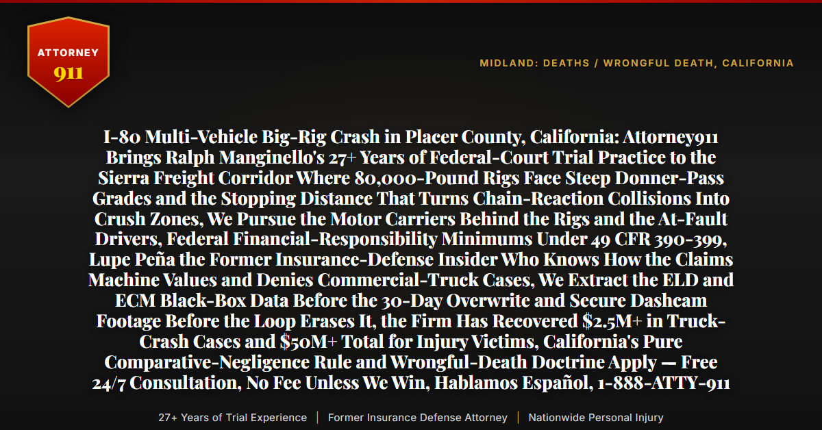 I-80 Multi-Vehicle Big-Rig Crash in Placer County, California: Attorney911 Brings Ralph Manginello's 27+ Years of Federal-Court Trial Practice to the Sierra Freight Corridor Where 80,000-Pound Rigs Face Steep Donner-Pass Grades and the Stopping Distance That Turns Chain-Reaction Collisions Into Crush Zones, We Pursue the Motor Carriers Behind the Rigs and the At-Fault Drivers, Federal Financial-Responsibility Minimums Under 49 CFR 390-399, Lupe Peña the Former Insurance-Defense Insider Who Knows How the Claims Machine Values and Denies Commercial-Truck Cases, We Extract the ELD and ECM Black-Box Data Before the 30-Day Overwrite and Secure Dashcam Footage Before the Loop Erases It, the Firm Has Recovered $2.5M+ in Truck-Crash Cases and $50M+ Total for Injury Victims, California's Pure Comparative-Negligence Rule and Wrongful-Death Doctrine Apply — Free 24/7 Consultation, No Fee Unless We Win, Hablamos Español, 1-888-ATTY-911 - Attorney911