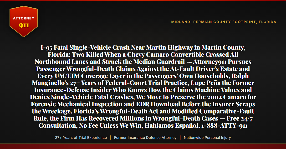 I-95 Fatal Single-Vehicle Crash Near Martin Highway in Martin County, Florida: Two Killed When a Chevy Camaro Convertible Crossed All Northbound Lanes and Struck the Median Guardrail — Attorney911 Pursues Passenger Wrongful-Death Claims Against the At-Fault Driver's Estate and Every UM/UIM Coverage Layer in the Passengers' Own Households, Ralph Manginello's 27+ Years of Federal-Court Trial Practice, Lupe Peña the Former Insurance-Defense Insider Who Knows How the Claims Machine Values and Denies Single-Vehicle Fatal Crashes, We Move to Preserve the 2002 Camaro for Forensic Mechanical Inspection and EDR Download Before the Insurer Scraps the Wreckage, Florida's Wrongful-Death Act and Modified Comparative-Fault Rule, the Firm Has Recovered Millions in Wrongful-Death Cases — Free 24/7 Consultation, No Fee Unless We Win, Hablamos Español, 1-888-ATTY-911 - Attorney911
