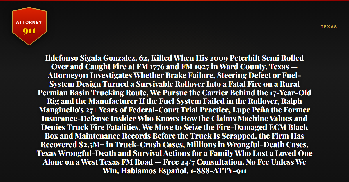 Ildefonso Sigala Gonzalez, 62, Killed When His 2009 Peterbilt Semi Rolled Over and Caught Fire at FM 1776 and FM 1927 in Ward County, Texas — Attorney911 Investigates Whether Brake Failure, Steering Defect or Fuel-System Design Turned a Survivable Rollover Into a Fatal Fire on a Rural Permian Basin Trucking Route, We Pursue the Carrier Behind the 17-Year-Old Rig and the Manufacturer If the Fuel System Failed in the Rollover, Ralph Manginello's 27+ Years of Federal-Court Trial Practice, Lupe Peña the Former Insurance-Defense Insider Who Knows How the Claims Machine Values and Denies Truck Fire Fatalities, We Move to Seize the Fire-Damaged ECM Black Box and Maintenance Records Before the Truck Is Scrapped, the Firm Has Recovered $2.5M+ in Truck-Crash Cases, Millions in Wrongful-Death Cases, Texas Wrongful-Death and Survival Actions for a Family Who Lost a Loved One Alone on a West Texas FM Road — Free 24/7 Consultation, No Fee Unless We Win, Hablamos Español, 1-888-ATTY-911 - Attorney911
