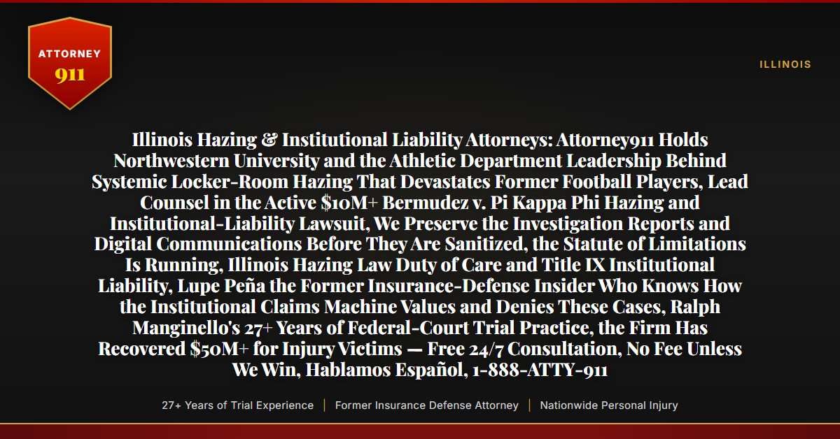 Illinois Hazing & Institutional Liability Attorneys: Attorney911 Holds Northwestern University and the Athletic Department Leadership Behind Systemic Locker-Room Hazing That Devastates Former Football Players, Lead Counsel in the Active $10M+ Bermudez v. Pi Kappa Phi Hazing and Institutional-Liability Lawsuit, We Preserve the Investigation Reports and Digital Communications Before They Are Sanitized, the Statute of Limitations Is Running, Illinois Hazing Law Duty of Care and Title IX Institutional Liability, Lupe Peña the Former Insurance-Defense Insider Who Knows How the Institutional Claims Machine Values and Denies These Cases, Ralph Manginello's 27+ Years of Federal-Court Trial Practice, the Firm Has Recovered $50M+ for Injury Victims — Free 24/7 Consultation, No Fee Unless We Win, Hablamos Español, 1-888-ATTY-911 - Attorney911
