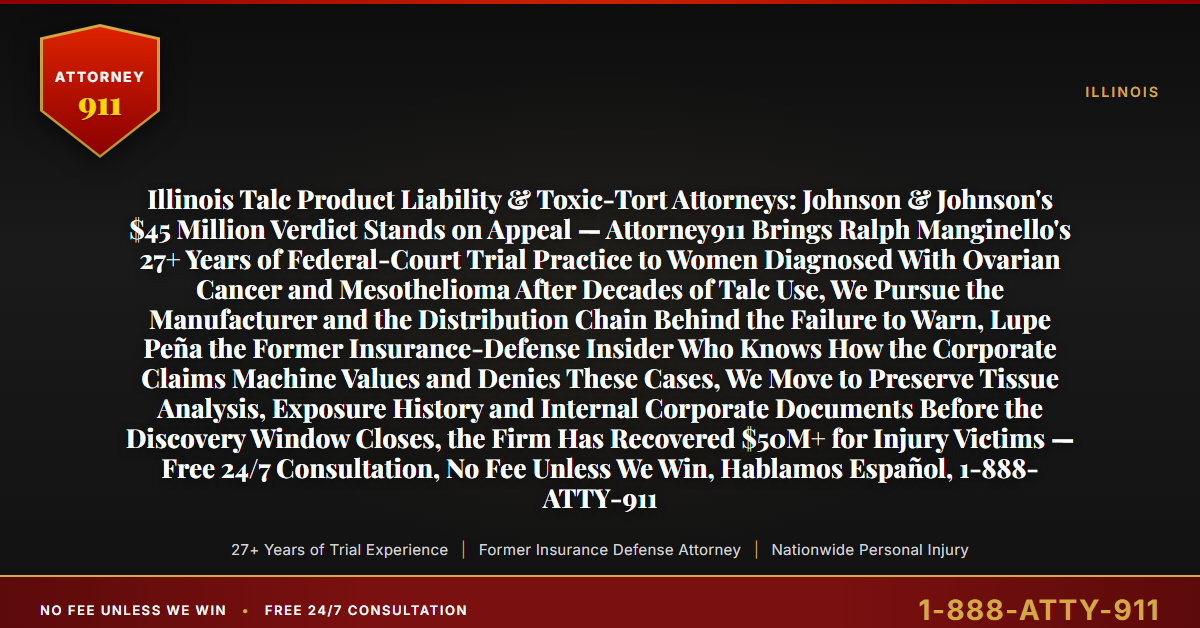 Illinois Talc Product Liability & Toxic-Tort Attorneys: Johnson & Johnson's $45 Million Verdict Stands on Appeal — Attorney911 Brings Ralph Manginello's 27+ Years of Federal-Court Trial Practice to Women Diagnosed With Ovarian Cancer and Mesothelioma After Decades of Talc Use, We Pursue the Manufacturer and the Distribution Chain Behind the Failure to Warn, Lupe Peña the Former Insurance-Defense Insider Who Knows How the Corporate Claims Machine Values and Denies These Cases, We Move to Preserve Tissue Analysis, Exposure History and Internal Corporate Documents Before the Discovery Window Closes, the Firm Has Recovered $50M+ for Injury Victims — Free 24/7 Consultation, No Fee Unless We Win, Hablamos Español, 1-888-ATTY-911 - Attorney911