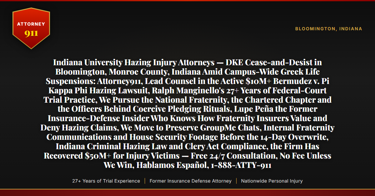 Indiana University Hazing Injury Attorneys — DKE Cease-and-Desist in Bloomington, Monroe County, Indiana Amid Campus-Wide Greek Life Suspensions: Attorney911, Lead Counsel in the Active $10M+ Bermudez v. Pi Kappa Phi Hazing Lawsuit, Ralph Manginello's 27+ Years of Federal-Court Trial Practice, We Pursue the National Fraternity, the Chartered Chapter and the Officers Behind Coercive Pledging Rituals, Lupe Peña the Former Insurance-Defense Insider Who Knows How Fraternity Insurers Value and Deny Hazing Claims, We Move to Preserve GroupMe Chats, Internal Fraternity Communications and House Security Footage Before the 14-Day Overwrite, Indiana Criminal Hazing Law and Clery Act Compliance, the Firm Has Recovered $50M+ for Injury Victims — Free 24/7 Consultation, No Fee Unless We Win, Hablamos Español, 1-888-ATTY-911 - Attorney911