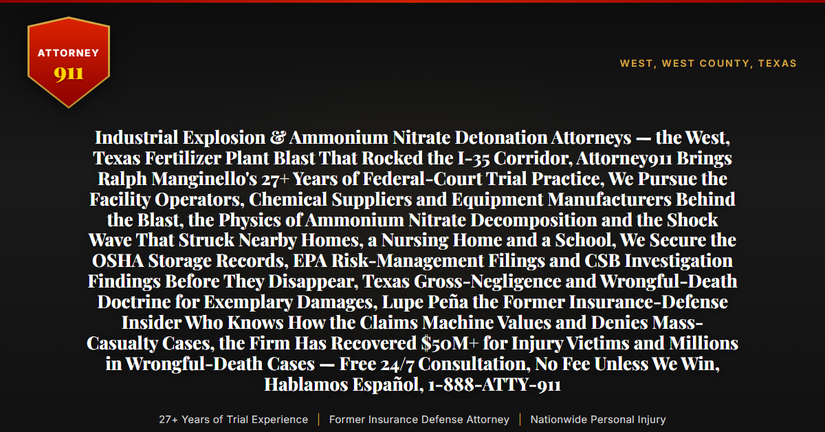 Industrial Explosion & Ammonium Nitrate Detonation Attorneys — the West, Texas Fertilizer Plant Blast That Rocked the I-35 Corridor, Attorney911 Brings Ralph Manginello's 27+ Years of Federal-Court Trial Practice, We Pursue the Facility Operators, Chemical Suppliers and Equipment Manufacturers Behind the Blast, the Physics of Ammonium Nitrate Decomposition and the Shock Wave That Struck Nearby Homes, a Nursing Home and a School, We Secure the OSHA Storage Records, EPA Risk-Management Filings and CSB Investigation Findings Before They Disappear, Texas Gross-Negligence and Wrongful-Death Doctrine for Exemplary Damages, Lupe Peña the Former Insurance-Defense Insider Who Knows How the Claims Machine Values and Denies Mass-Casualty Cases, the Firm Has Recovered $50M+ for Injury Victims and Millions in Wrongful-Death Cases — Free 24/7 Consultation, No Fee Unless We Win, Hablamos Español, 1-888-ATTY-911 - Attorney911