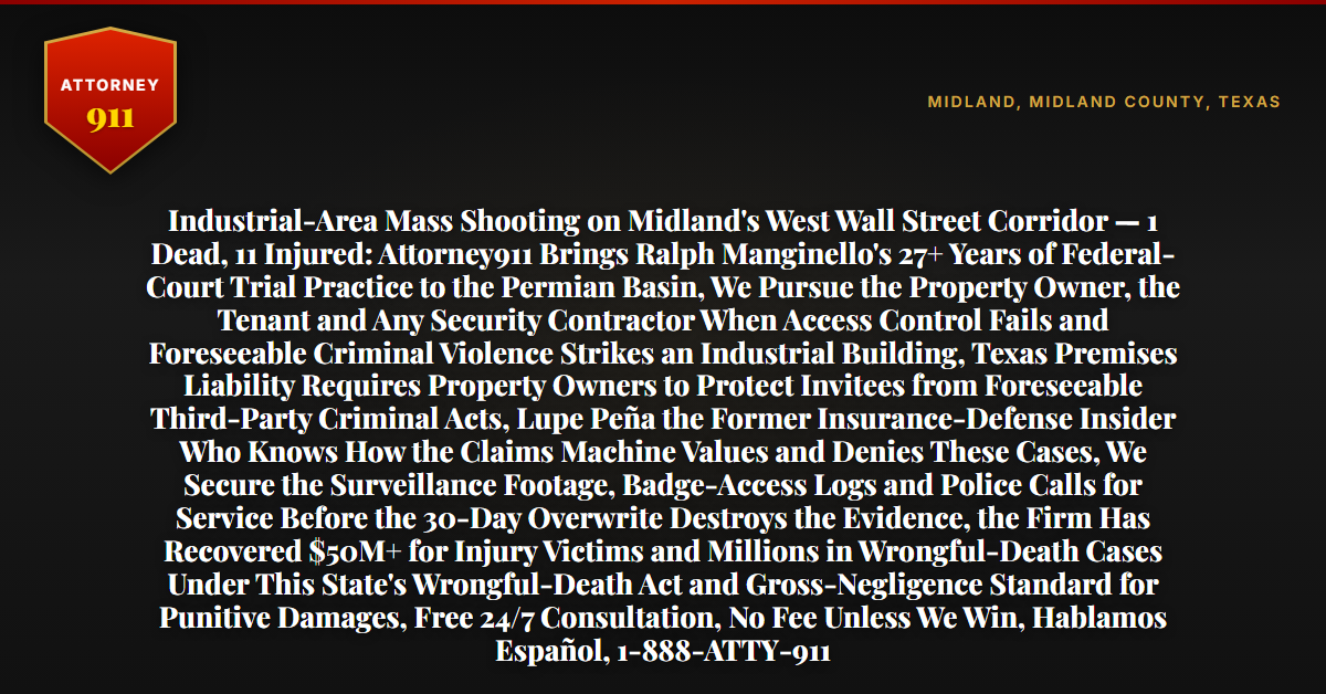 Industrial-Area Mass Shooting on Midland's West Wall Street Corridor — 1 Dead, 11 Injured: Attorney911 Brings Ralph Manginello's 27+ Years of Federal-Court Trial Practice to the Permian Basin, We Pursue the Property Owner, the Tenant and Any Security Contractor When Access Control Fails and Foreseeable Criminal Violence Strikes an Industrial Building, Texas Premises Liability Requires Property Owners to Protect Invitees from Foreseeable Third-Party Criminal Acts, Lupe Peña the Former Insurance-Defense Insider Who Knows How the Claims Machine Values and Denies These Cases, We Secure the Surveillance Footage, Badge-Access Logs and Police Calls for Service Before the 30-Day Overwrite Destroys the Evidence, the Firm Has Recovered $50M+ for Injury Victims and Millions in Wrongful-Death Cases Under This State's Wrongful-Death Act and Gross-Negligence Standard for Punitive Damages, Free 24/7 Consultation, No Fee Unless We Win, Hablamos Español, 1-888-ATTY-911 - Attorney911