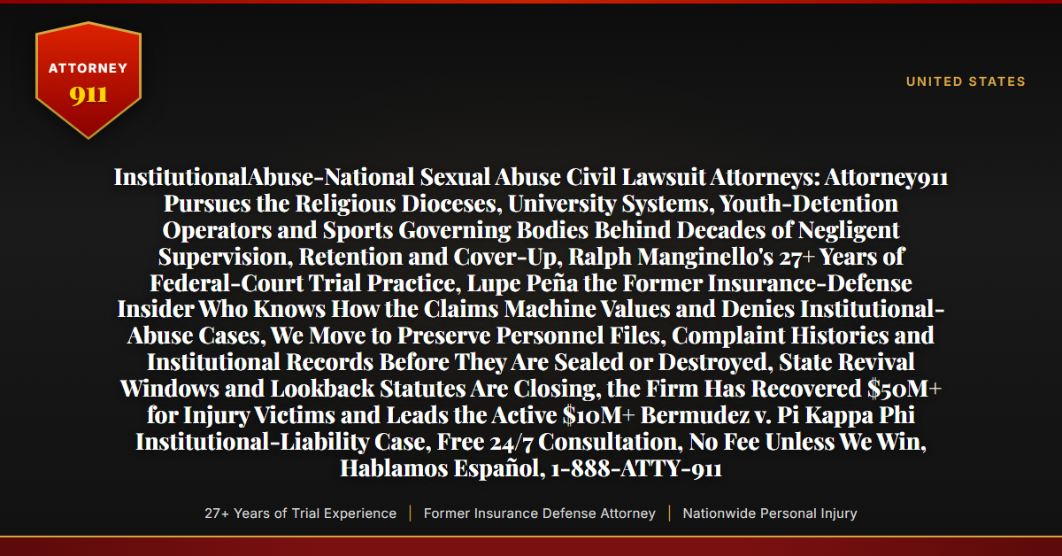 InstitutionalAbuse-National Sexual Abuse Civil Lawsuit Attorneys: Attorney911 Pursues the Religious Dioceses, University Systems, Youth-Detention Operators and Sports Governing Bodies Behind Decades of Negligent Supervision, Retention and Cover-Up, Ralph Manginello's 27+ Years of Federal-Court Trial Practice, Lupe Peña the Former Insurance-Defense Insider Who Knows How the Claims Machine Values and Denies Institutional-Abuse Cases, We Move to Preserve Personnel Files, Complaint Histories and Institutional Records Before They Are Sealed or Destroyed, State Revival Windows and Lookback Statutes Are Closing, the Firm Has Recovered $50M+ for Injury Victims and Leads the Active $10M+ Bermudez v. Pi Kappa Phi Institutional-Liability Case, Free 24/7 Consultation, No Fee Unless We Win, Hablamos Español, 1-888-ATTY-911 - Attorney911