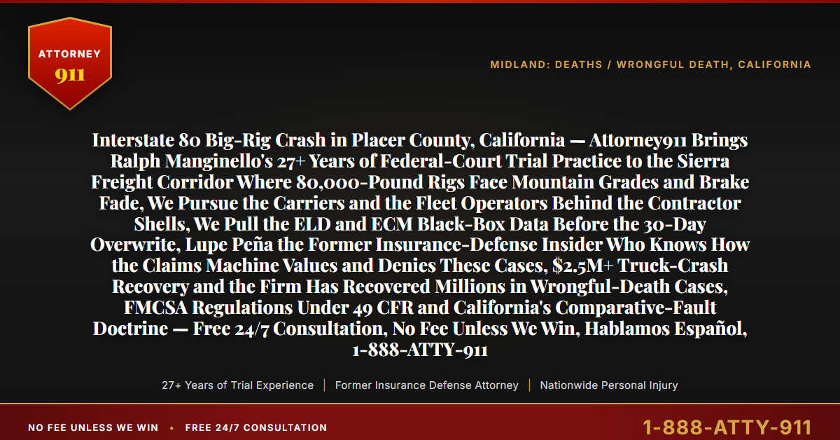Interstate 80 Big-Rig Crash in Placer County, California — Attorney911 Brings Ralph Manginello's 27+ Years of Federal-Court Trial Practice to the Sierra Freight Corridor Where 80,000-Pound Rigs Face Mountain Grades and Brake Fade, We Pursue the Carriers and the Fleet Operators Behind the Contractor Shells, We Pull the ELD and ECM Black-Box Data Before the 30-Day Overwrite, Lupe Peña the Former Insurance-Defense Insider Who Knows How the Claims Machine Values and Denies These Cases, $2.5M+ Truck-Crash Recovery and the Firm Has Recovered Millions in Wrongful-Death Cases, FMCSA Regulations Under 49 CFR and California's Comparative-Fault Doctrine — Free 24/7 Consultation, No Fee Unless We Win, Hablamos Español, 1-888-ATTY-911 - Attorney911