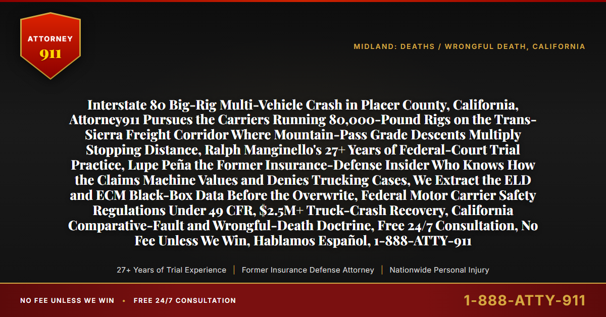Interstate 80 Big-Rig Multi-Vehicle Crash in Placer County, California, Attorney911 Pursues the Carriers Running 80,000-Pound Rigs on the Trans-Sierra Freight Corridor Where Mountain-Pass Grade Descents Multiply Stopping Distance, Ralph Manginello's 27+ Years of Federal-Court Trial Practice, Lupe Peña the Former Insurance-Defense Insider Who Knows How the Claims Machine Values and Denies Trucking Cases, We Extract the ELD and ECM Black-Box Data Before the Overwrite, Federal Motor Carrier Safety Regulations Under 49 CFR, $2.5M+ Truck-Crash Recovery, California Comparative-Fault and Wrongful-Death Doctrine, Free 24/7 Consultation, No Fee Unless We Win, Hablamos Español, 1-888-ATTY-911 - Attorney911