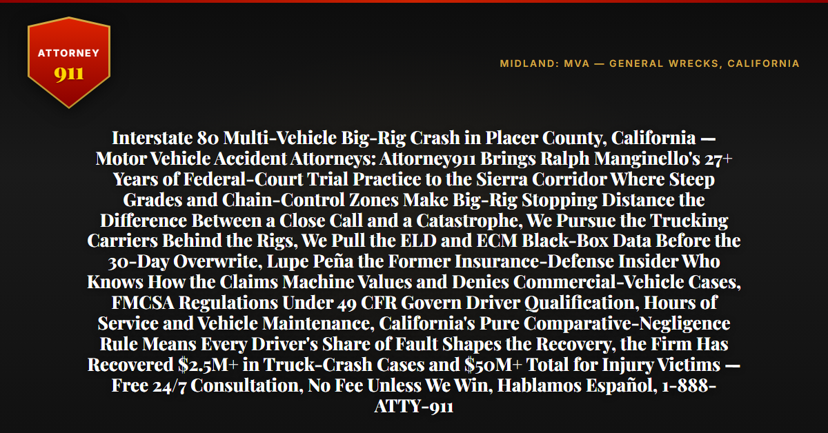 Interstate 80 Multi-Vehicle Big-Rig Crash in Placer County, California — Motor Vehicle Accident Attorneys: Attorney911 Brings Ralph Manginello's 27+ Years of Federal-Court Trial Practice to the Sierra Corridor Where Steep Grades and Chain-Control Zones Make Big-Rig Stopping Distance the Difference Between a Close Call and a Catastrophe, We Pursue the Trucking Carriers Behind the Rigs, We Pull the ELD and ECM Black-Box Data Before the 30-Day Overwrite, Lupe Peña the Former Insurance-Defense Insider Who Knows How the Claims Machine Values and Denies Commercial-Vehicle Cases, FMCSA Regulations Under 49 CFR Govern Driver Qualification, Hours of Service and Vehicle Maintenance, California's Pure Comparative-Negligence Rule Means Every Driver's Share of Fault Shapes the Recovery, the Firm Has Recovered $2.5M+ in Truck-Crash Cases and $50M+ Total for Injury Victims — Free 24/7 Consultation, No Fee Unless We Win, Hablamos Español, 1-888-ATTY-911 - Attorney911