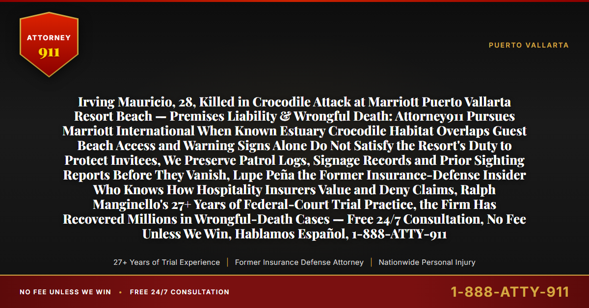 Irving Mauricio, 28, Killed in Crocodile Attack at Marriott Puerto Vallarta Resort Beach — Premises Liability & Wrongful Death: Attorney911 Pursues Marriott International When Known Estuary Crocodile Habitat Overlaps Guest Beach Access and Warning Signs Alone Do Not Satisfy the Resort's Duty to Protect Invitees, We Preserve Patrol Logs, Signage Records and Prior Sighting Reports Before They Vanish, Lupe Peña the Former Insurance-Defense Insider Who Knows How Hospitality Insurers Value and Deny Claims, Ralph Manginello's 27+ Years of Federal-Court Trial Practice, the Firm Has Recovered Millions in Wrongful-Death Cases — Free 24/7 Consultation, No Fee Unless We Win, Hablamos Español, 1-888-ATTY-911 - Attorney911