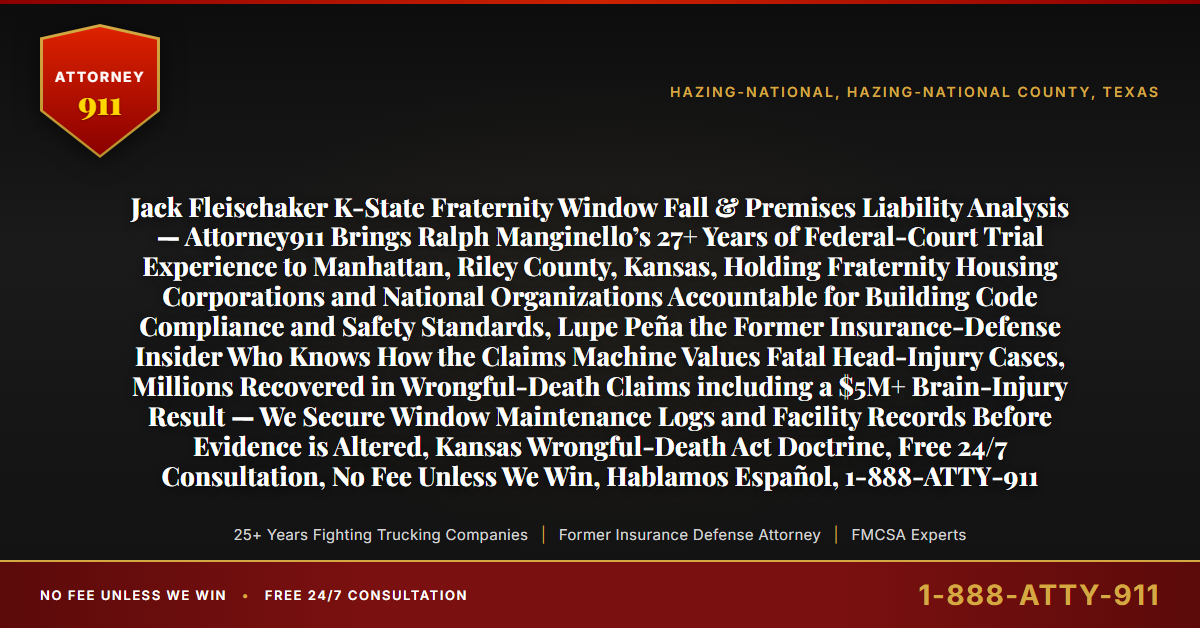 Jack Fleischaker K-State Fraternity Window Fall & Premises Liability Analysis — Attorney911 Brings Ralph Manginello’s 27+ Years of Federal-Court Trial Experience to Manhattan, Riley County, Kansas, Holding Fraternity Housing Corporations and National Organizations Accountable for Building Code Compliance and Safety Standards, Lupe Peña the Former Insurance-Defense Insider Who Knows How the Claims Machine Values Fatal Head-Injury Cases, Millions Recovered in Wrongful-Death Claims including a $5M+ Brain-Injury Result — We Secure Window Maintenance Logs and Facility Records Before Evidence is Altered, Kansas Wrongful-Death Act Doctrine, Free 24/7 Consultation, No Fee Unless We Win, Hablamos Español, 1-888-ATTY-911 - Attorney911