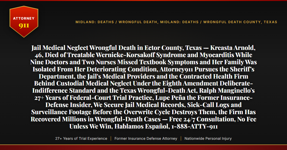 Jail Medical Neglect Wrongful Death in Ector County, Texas — Kreasta Arnold, 46, Died of Treatable Wernicke-Korsakoff Syndrome and Myocarditis While Nine Doctors and Two Nurses Missed Textbook Symptoms and Her Family Was Isolated From Her Deteriorating Condition, Attorney911 Pursues the Sheriff's Department, the Jail's Medical Providers and the Contracted Health Firm Behind Custodial Medical Neglect Under the Eighth Amendment Deliberate-Indifference Standard and the Texas Wrongful-Death Act, Ralph Manginello's 27+ Years of Federal-Court Trial Practice, Lupe Peña the Former Insurance-Defense Insider, We Secure Jail Medical Records, Sick-Call Logs and Surveillance Footage Before the Overwrite Cycle Destroys Them, the Firm Has Recovered Millions in Wrongful-Death Cases — Free 24/7 Consultation, No Fee Unless We Win, Hablamos Español, 1-888-ATTY-911 - Attorney911