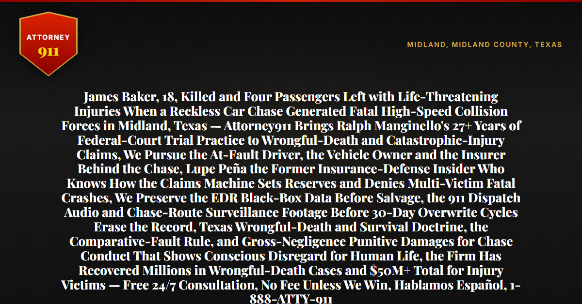 James Baker, 18, Killed and Four Passengers Left with Life-Threatening Injuries When a Reckless Car Chase Generated Fatal High-Speed Collision Forces in Midland, Texas — Attorney911 Brings Ralph Manginello's 27+ Years of Federal-Court Trial Practice to Wrongful-Death and Catastrophic-Injury Claims, We Pursue the At-Fault Driver, the Vehicle Owner and the Insurer Behind the Chase, Lupe Peña the Former Insurance-Defense Insider Who Knows How the Claims Machine Sets Reserves and Denies Multi-Victim Fatal Crashes, We Preserve the EDR Black-Box Data Before Salvage, the 911 Dispatch Audio and Chase-Route Surveillance Footage Before 30-Day Overwrite Cycles Erase the Record, Texas Wrongful-Death and Survival Doctrine, the Comparative-Fault Rule, and Gross-Negligence Punitive Damages for Chase Conduct That Shows Conscious Disregard for Human Life, the Firm Has Recovered Millions in Wrongful-Death Cases and $50M+ Total for Injury Victims — Free 24/7 Consultation, No Fee Unless We Win, Hablamos Español, 1-888-ATTY-911 - Attorney911