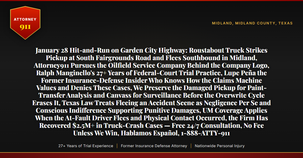 January 28 Hit-and-Run on Garden City Highway: Roustabout Truck Strikes Pickup at South Fairgrounds Road and Flees Southbound in Midland, Attorney911 Pursues the Oilfield Service Company Behind the Company Logo, Ralph Manginello's 27+ Years of Federal-Court Trial Practice, Lupe Peña the Former Insurance-Defense Insider Who Knows How the Claims Machine Values and Denies These Cases, We Preserve the Damaged Pickup for Paint-Transfer Analysis and Canvass for Surveillance Before the Overwrite Cycle Erases It, Texas Law Treats Fleeing an Accident Scene as Negligence Per Se and Conscious Indifference Supporting Punitive Damages, UM Coverage Applies When the At-Fault Driver Flees and Physical Contact Occurred, the Firm Has Recovered $2.5M+ in Truck-Crash Cases — Free 24/7 Consultation, No Fee Unless We Win, Hablamos Español, 1-888-ATTY-911 - Attorney911