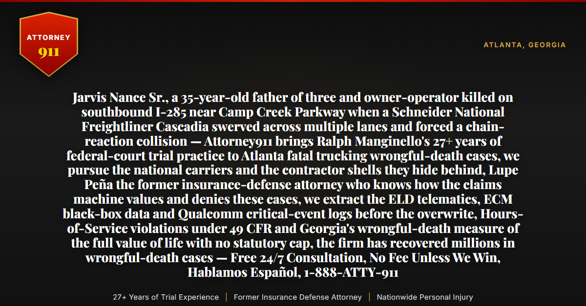 Jarvis Nance Sr., a 35-year-old father of three and owner-operator killed on southbound I-285 near Camp Creek Parkway when a Schneider National Freightliner Cascadia swerved across multiple lanes and forced a chain-reaction collision — Attorney911 brings Ralph Manginello's 27+ years of federal-court trial practice to Atlanta fatal trucking wrongful-death cases, we pursue the national carriers and the contractor shells they hide behind, Lupe Peña the former insurance-defense attorney who knows how the claims machine values and denies these cases, we extract the ELD telematics, ECM black-box data and Qualcomm critical-event logs before the overwrite, Hours-of-Service violations under 49 CFR and Georgia's wrongful-death measure of the full value of life with no statutory cap, the firm has recovered millions in wrongful-death cases — Free 24/7 Consultation, No Fee Unless We Win, Hablamos Español, 1-888-ATTY-911 - Attorney911