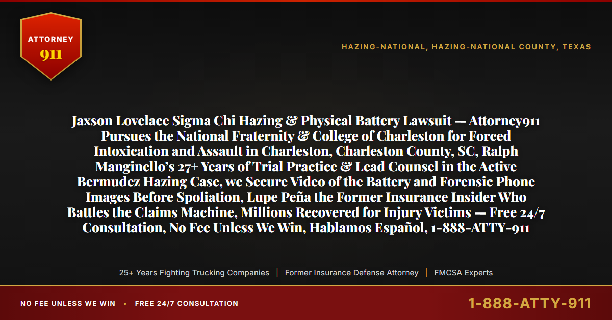Jaxson Lovelace Sigma Chi Hazing & Physical Battery Lawsuit — Attorney911 Pursues the National Fraternity & College of Charleston for Forced Intoxication and Assault in Charleston, Charleston County, SC, Ralph Manginello’s 27+ Years of Trial Practice & Lead Counsel in the Active Bermudez Hazing Case, we Secure Video of the Battery and Forensic Phone Images Before Spoliation, Lupe Peña the Former Insurance Insider Who Battles the Claims Machine, Millions Recovered for Injury Victims — Free 24/7 Consultation, No Fee Unless We Win, Hablamos Español, 1-888-ATTY-911 - Attorney911