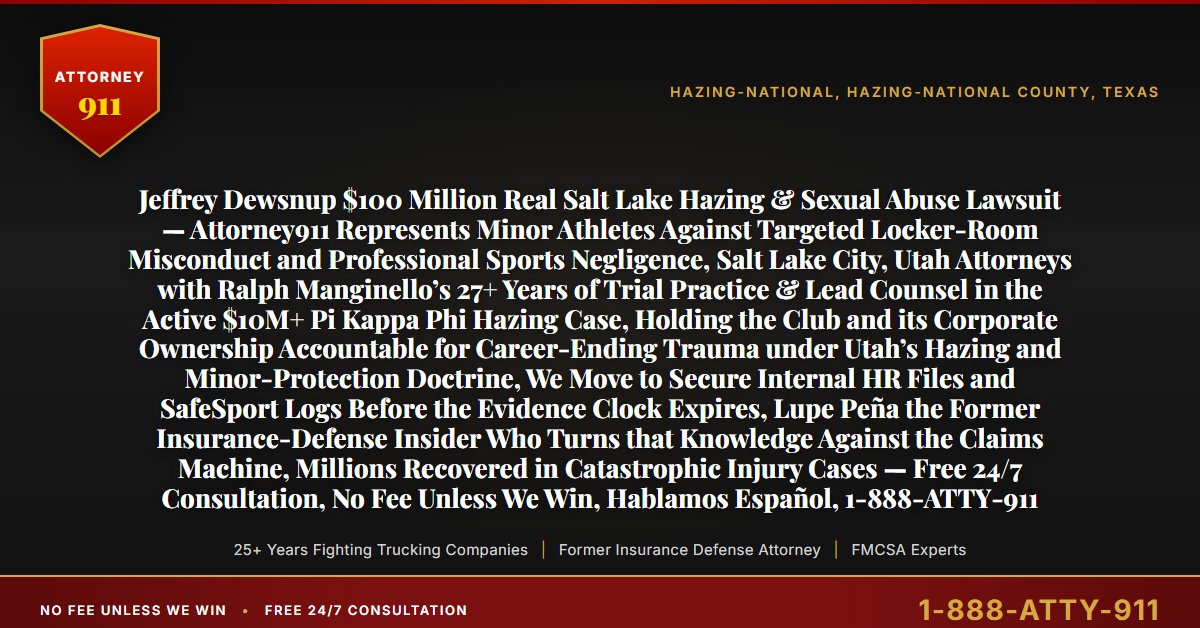 Jeffrey Dewsnup $100 Million Real Salt Lake Hazing & Sexual Abuse Lawsuit — Attorney911 Represents Minor Athletes Against Targeted Locker-Room Misconduct and Professional Sports Negligence, Salt Lake City, Utah Attorneys with Ralph Manginello’s 27+ Years of Trial Practice & Lead Counsel in the Active $10M+ Pi Kappa Phi Hazing Case, Holding the Club and its Corporate Ownership Accountable for Career-Ending Trauma under Utah’s Hazing and Minor-Protection Doctrine, We Move to Secure Internal HR Files and SafeSport Logs Before the Evidence Clock Expires, Lupe Peña the Former Insurance-Defense Insider Who Turns that Knowledge Against the Claims Machine, Millions Recovered in Catastrophic Injury Cases — Free 24/7 Consultation, No Fee Unless We Win, Hablamos Español, 1-888-ATTY-911 - Attorney911