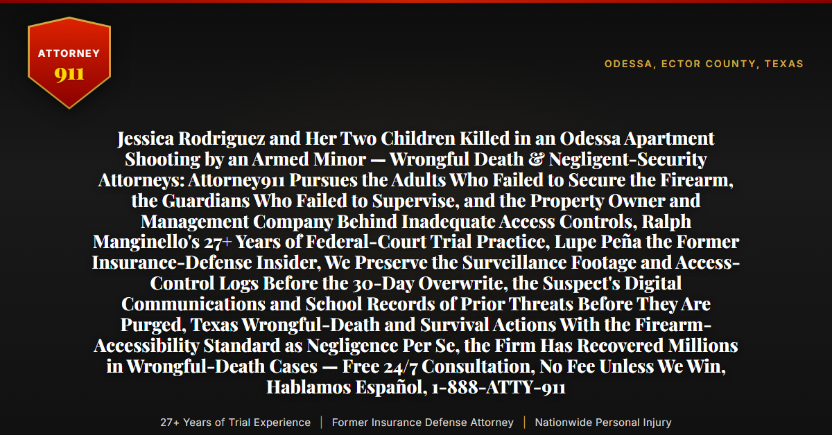 Jessica Rodriguez and Her Two Children Killed in an Odessa Apartment Shooting by an Armed Minor — Wrongful Death & Negligent-Security Attorneys: Attorney911 Pursues the Adults Who Failed to Secure the Firearm, the Guardians Who Failed to Supervise, and the Property Owner and Management Company Behind Inadequate Access Controls, Ralph Manginello's 27+ Years of Federal-Court Trial Practice, Lupe Peña the Former Insurance-Defense Insider, We Preserve the Surveillance Footage and Access-Control Logs Before the 30-Day Overwrite, the Suspect's Digital Communications and School Records of Prior Threats Before They Are Purged, Texas Wrongful-Death and Survival Actions With the Firearm-Accessibility Standard as Negligence Per Se, the Firm Has Recovered Millions in Wrongful-Death Cases — Free 24/7 Consultation, No Fee Unless We Win, Hablamos Español, 1-888-ATTY-911 - Attorney911