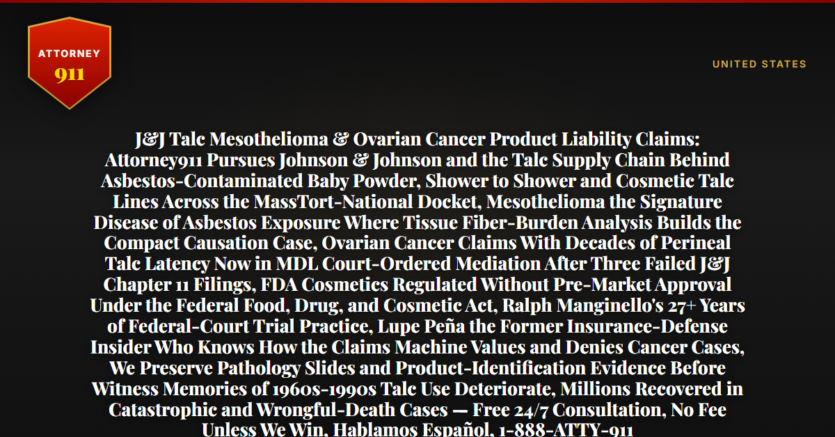 J&J Talc Mesothelioma & Ovarian Cancer Product Liability Claims: Attorney911 Pursues Johnson & Johnson and the Talc Supply Chain Behind Asbestos-Contaminated Baby Powder, Shower to Shower and Cosmetic Talc Lines Across the MassTort-National Docket, Mesothelioma the Signature Disease of Asbestos Exposure Where Tissue Fiber-Burden Analysis Builds the Compact Causation Case, Ovarian Cancer Claims With Decades of Perineal Talc Latency Now in MDL Court-Ordered Mediation After Three Failed J&J Chapter 11 Filings, FDA Cosmetics Regulated Without Pre-Market Approval Under the Federal Food, Drug, and Cosmetic Act, Ralph Manginello's 27+ Years of Federal-Court Trial Practice, Lupe Peña the Former Insurance-Defense Insider Who Knows How the Claims Machine Values and Denies Cancer Cases, We Preserve Pathology Slides and Product-Identification Evidence Before Witness Memories of 1960s-1990s Talc Use Deteriorate, Millions Recovered in Catastrophic and Wrongful-Death Cases — Free 24/7 Consultation, No Fee Unless We Win, Hablamos Español, 1-888-ATTY-911 - Attorney911